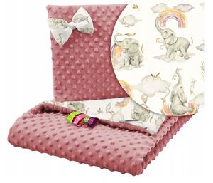 Babakocsi takaró + párna 75x100 Minky állatok Szín: rózsaszín-elefánt