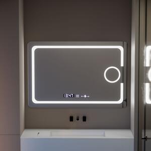 Téglalap alakú LED tükör, 110x75cm, Eclat MotionGlow Marcello, páramentesítő rendszer, óra és hőmérő, kozmetikai nagyító, fényerő-szabályozható