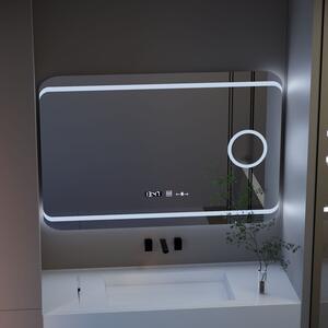 Téglalap alakú LED tükör, 120x80cm, Definition MotionGlow Marcello, Páramentesítő rendszer, Óra és hőmérő, Kozmetikai nagyító, Szabályozható fényerő