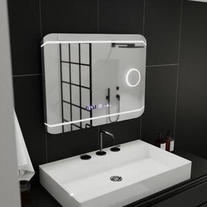 Téglalap alakú LED tükör, 80x60cm, Stile MotionGlow Marcello, páramentesítő rendszer, óra és hőmérő, kozmetikai nagyító, fényerő-szabályozható