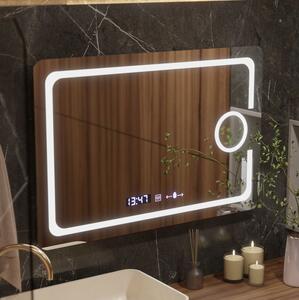 Téglalap alakú LED tükör, 120x80cm, Eclat MotionGlow Marcello, páramentesítő rendszer, óra és hőmérő, kozmetikai nagyító, fényerő-szabályozható