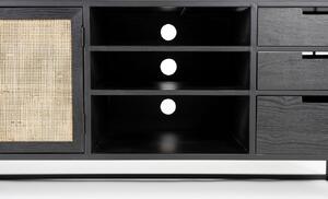 White Label Fekete lakkozott TV asztal rattan töltettel WLL GUUJI 150 x 38 cm