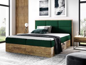 Wilsondo WOOD 2 kárpitozott boxspring ágy ágyneműtartóval és matracokkal - zöld Kronos Méret: 140x200