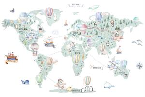 Világtérkép falmatrica - Hőlégballonok és járművek