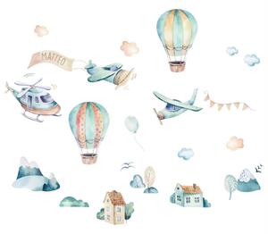Gyerekszoba falmatrica fiúknak - Kék repülők és hőlégballonok