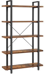 Könyvespolc 5 polccal, acélvázzal és forgácslap polcokkal, 105x34x178 cm, rusztikus barna és fekete