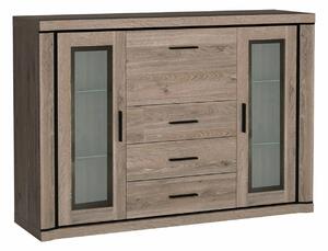 Komód Lorelie 106, Edzett üveg, Laminált forgácslap, 111x157x44cm, Triufel tölgy