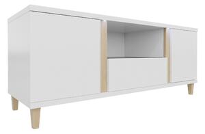 TV-állvány Florem, Laminált forgácslap, 50x150x40cm, Világos fa, Fényes fehér, Fehér