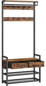Kampó polccal és 2 fiókkal, acél váz, ipari stílus, 30x80x182 cm, rustikus barna