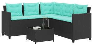 VidaXL L-alakú fekete polyrattan kerti kanapé asztallal és párnákkal