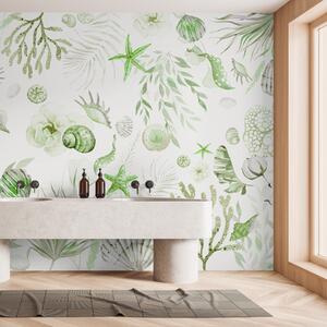 Fotótapéta Akvarell tengeri minta, boho stílus, kagylókból, korallok, pamut, zöld, 3d fotótapéta, 3d levelek fotótapéta, w00851v2 : Uwalls.hu