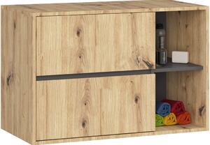 Függő fürdőszobai polc, 2 fiókkal, 16 mm-es laminált forgácslapból, 90x46x60 cm, műtölgy és szürke színben