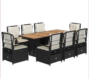 VidaXL Kerti Étkezőgarnitúra - 9 részes - Fekete Polyrattan