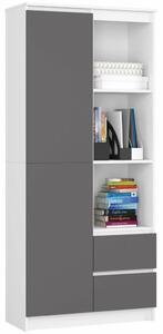 Polc ajtóval, 2 fiókkal és 7 polccal, 16 mm-es laminált forgácslap, 80x35x180 cm, fehér és szürke