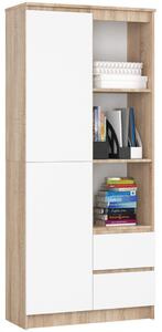 Zárható szekrény 2 fiókkal és 7 polccal, 16 mm-es laminált forgácslapból, 80x35x180 cm méretű, sonoma és fehér színben