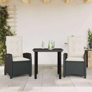 VidaXL 3 részes fekete polyrattan kerti étkezőgarnitúra párnákkal