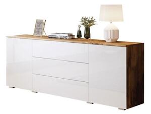 Komód Sarasota 129, Laminált forgácslap, 68x150x39cm, Fényes fehér, Wotan tölgy