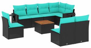 VidaXL 9 db fekete polyrattan kerti kanapégarnitúra párnákkal
