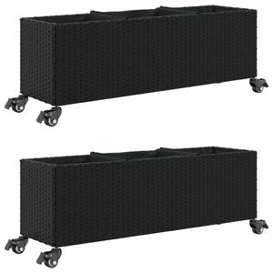 2 db fekete polyrattan növénytartó kerékkel 107x32x38 cm