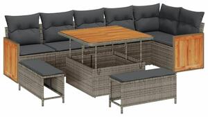 9 darabos kertibútor szett párnákkal, szürke poli rattan akácia, 2 személyes kertibútor párnákkal, szürke poli rattan, 3 darabos kertiparti étkező szett párnákkal, szürke poli rattan akácia