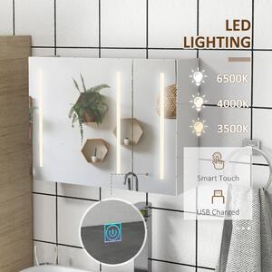 Kleankin Dulap de Baie cu Oglinda cu LED, Alb Lucios