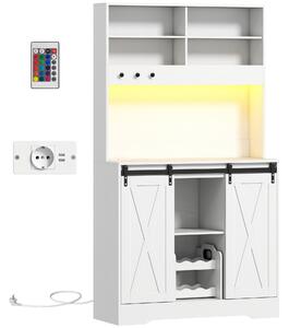HOMCOM Bufet Bucătărie cu Prize Electrice, Lumină LED, Suport pentru Sticle și Uși Glisante, 100x38x180 cm, Alb