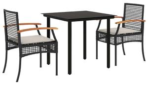 VidaXL 3 részes fekete polyrattan kerti étkezőgarnitúra párnákkal