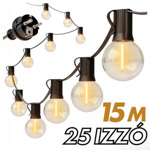 Kültéri fényfüzér kerti égősor girland 15m + 25db LED izzó sorolható IP44 E12