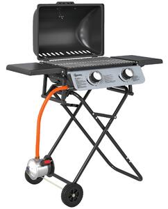 Outsunny Hordozható Gázgrill 2 Égővel és 2 Oldalsó Asztallal, Fedéllel, Hőmérővel és Kerekekkel, Fekete