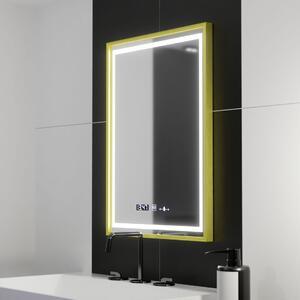 Téglalap alakú LED tükör, 50x70cm, Verite Royale Gold Motion Glow Marcello, Páramentesítő rendszer, Óra és Hőmérő, Szabályozható Fényerő