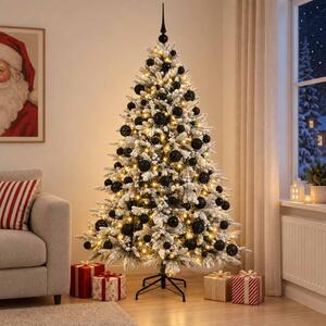 Műkarácsonyfa gömbbel 180 cm 300 LED Meleg fehér PVC és fém