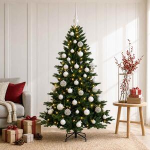 Műkarácsonyfa gömbbel 120 cm 150 LED Meleg fehér PVC és fém