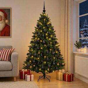 Műfenyő gömbökkel 180 cm 300 LED Meleg fehér PVC és fém Zöld