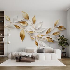 Fotótapéta Sárga és fehér levelek egy ágon , elegáns design, fehér háttér, minimalista stílus, dekoratív, 3d fotótapéta, w09015 : Uwalls.hu