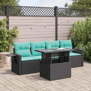 5 részes fekete polyrattan akácfa kerti ülőgarnitúra párnával