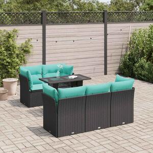 6 részes fekete polyrattan akácfa kerti ülőgarnitúra párnákkal