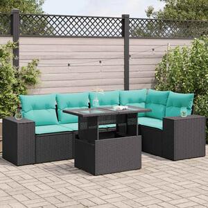 6 részes fekete polyrattan akácfa kerti kanapészett párnákkal