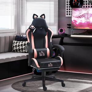 HOMCOM Gamer Szék Macskafülekkel, Dönthető háttámlával, lábtartóval, Rózsaszín/Fekete