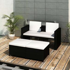 Polyrattan Kertbútor Szett - Fekete Napozóágy 2 Fotellal