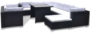10-részes fekete polyrattan kerti bútorszett párnákkal