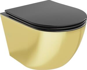 Mexen Lena Rimless WC csésze lassan záródó slim duroplast üléssel, matt fekete/arany - 30224076