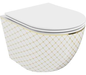 Mexen Lena Rimless WC csésze lassan záródó slim ülőkével, duroplast, fehér/arany kockás minta - 30224009