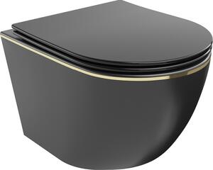 Mexen Lena Rimless WC csésze lassan záródó slim duroplast ülőkével, fekete matt/arany vonal - 30224075