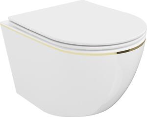 Mexen Lena Rimless WC csésze lassú záródású slim duroplaszt ülőkével, fehér/arany vonal - 30224005