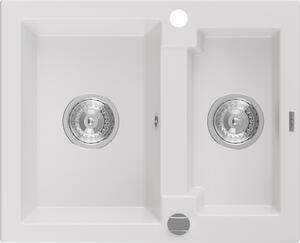 Mexen Carlos gránit mosogatótálca 1,5 medencés, 582 x 475 mm, fehér, króm szifon - 6518581500-20