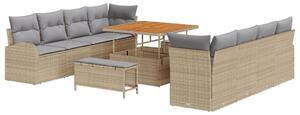 11 Darabos Kerti Sofa Szett Párnákkal Bézs Poli Rattan Akác, 2-személyes Kerti Sofa Tárolóval és Párnákkal Bézs Poli Rattan, 3 Darabos Kerti Étkező Szett Párnákkal Bézs Poli Rattan Akác
