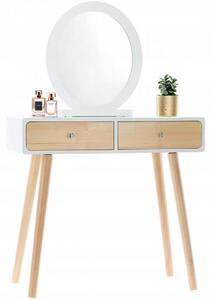Fehér fa fésülködőasztal tükörrel és zsámollyal