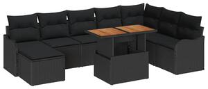 VidaXL Kerti Kanapé Szett 9 pcs Fekete Poli rattan és porbevonatú acél