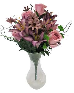 Rózsa, liliom és százszorszép csokor 45cm rózsaszín & lila művirág