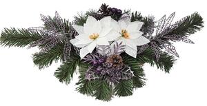 Karácsonyi elrendezésű Mikulásvirág és kiegészítők 50cm x 25cm x 10cm lila, zöld és fehér